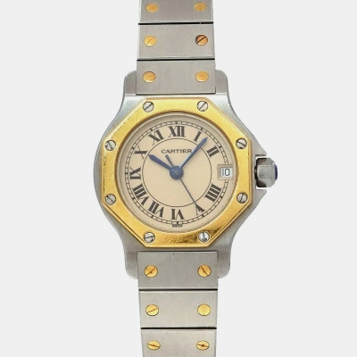 Pre-owned Cartier White 18k Yellow Gold Stainless Steel Santos Octagon Quartz Women's Wristwatch 24 Mm