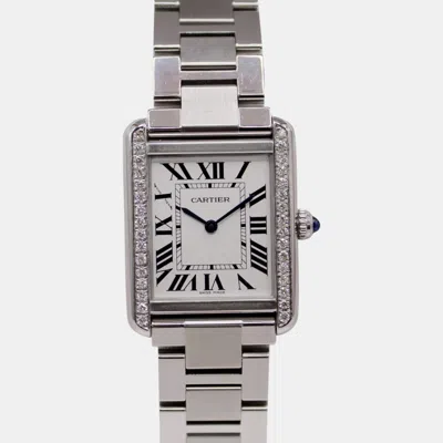 Pre-owned Cartier White Customised 0.50ct Diamond Stainless Steel Tank Solo Quartz Women's Wristwatch 24 Mm