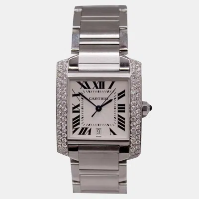 Pre-owned Cartier White Customised 1.40ct Diamond Stainless Steel Tank Francaise Automatic Women's Wristwatch 28 Mm
