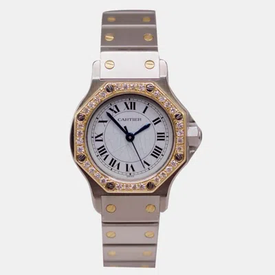 Pre-owned Cartier White Customised Diamond 18k Yellow Gold Stainless Steel Santos Octagon Automatic Women's Wristwatch