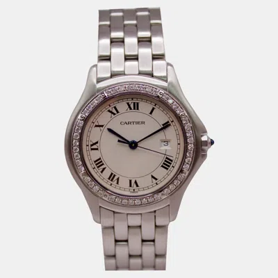 Pre-owned Cartier White Customised Diamond Stainless Steel Cougar Quartz Women's Wristwatch 33 Mm