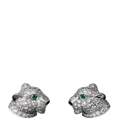 Cartier White Gold, Diamond And Emerald Panthère De  Earrings In Gray