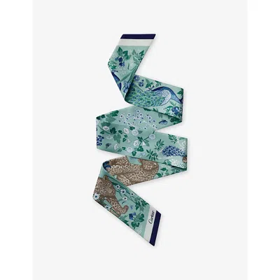 Cartier Womens  Blooming Panthère Bandeau Printed Silk-twill Scarf In Blue