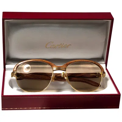 Pre-owned Cartier Wood Malmaison Precious Banana Light Wood And Gold 56mm Sunglasses In Brown