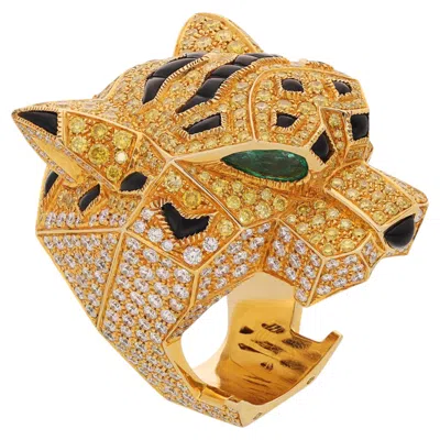 Pre-owned Cartier Yellow And White Diamond, Emerald, And Onyx Panthère Head Ring