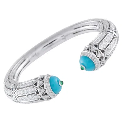 Pre-owned Cartier 18k White Gold 12.73 Ct Diamond, Turquoise & Emerald Bracelet Ca01-021726