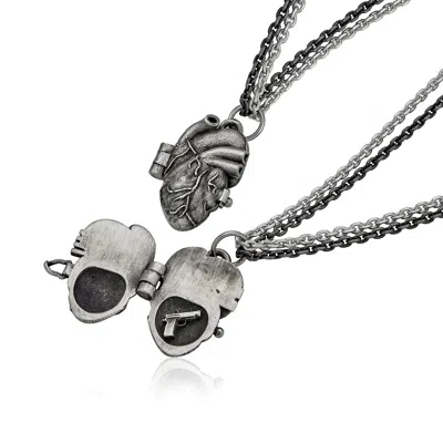Cartography Men's Bear: Revolver In Heart - Anatomical Heart Locket Necklace In Sterling Silver