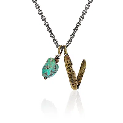 Cartography Men's Blue / Green / Gold December's Child - Brass Pocket Knife Necklace With Turquoise Stone In Multi