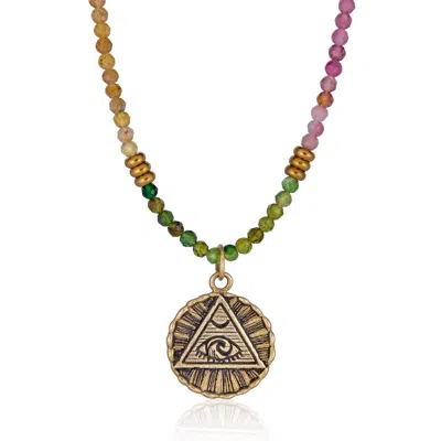 Cartography Men's Gold / Green / Pink Eye Of Providence On Pink, Green And Yellow Tourmaline Necklace