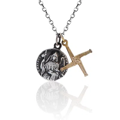 Cartography Men's Gold / Silver Healer - St. Brigid And Cross Necklace In Sterling Silver And Brass