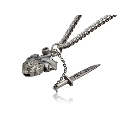 Cartography Men's Silver / Grey Fuck Off  - Dagger In Heart - Anatomical Heart Necklace In Sterling Silver In Gray
