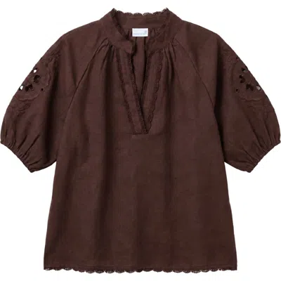 Cartolina Catalina Embroidered Linen Top In Brown