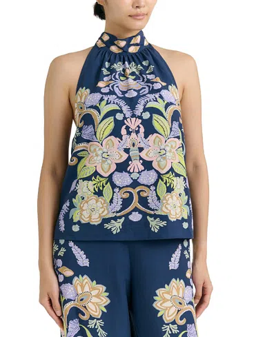 Cartolina Legare Printed Halter Top In Blue