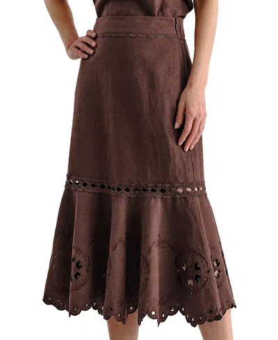 Cartolina Marlo Embroidered Linen Midi Skirt In Red