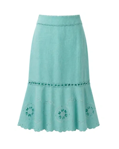 Cartolina Marlo Embroidered Linen Midi Skirt In Canal Blue