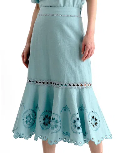 Cartolina Marlo Embroidered Linen Midi Skirt In Green