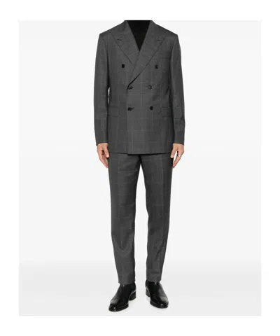 Caruso Check Double-breasted Suit In Gray