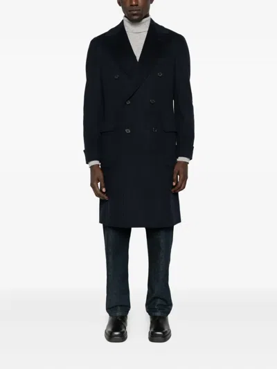Caruso Double-breasted Flap-pocket Coat In Blue