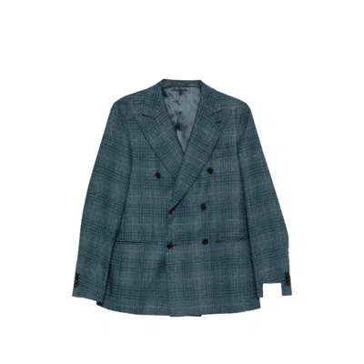 Caruso Double-breasted Checked Blazer In Blue