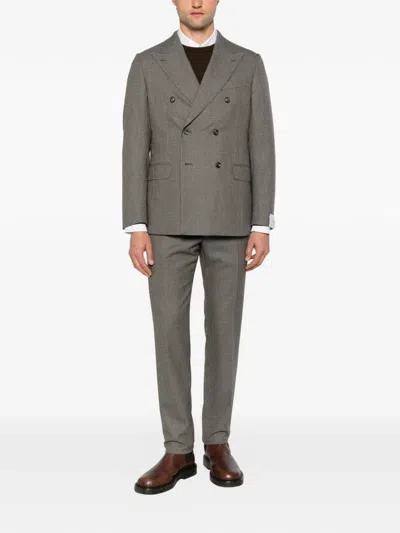 Caruso Double-breasted Micro-check Suit In Gray