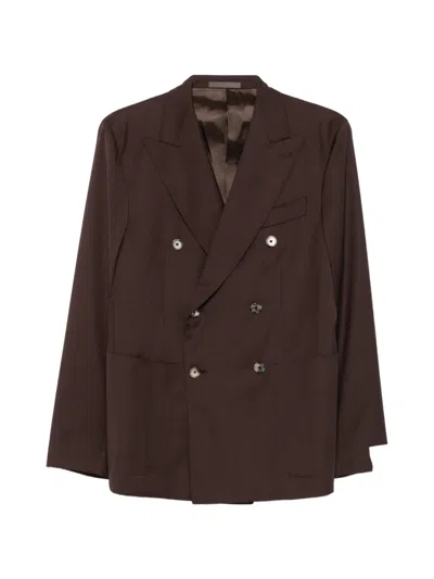 Caruso 더블 브레스티드 피크 라펠 재킷 In Brown