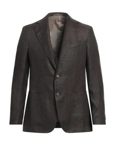 Caruso Man Blazer Dark Brown Size 44 Linen, Wool