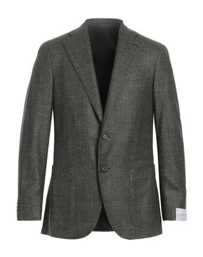 Caruso Man Blazer Military Green Size 46 Wool, Silk, Linen In Black