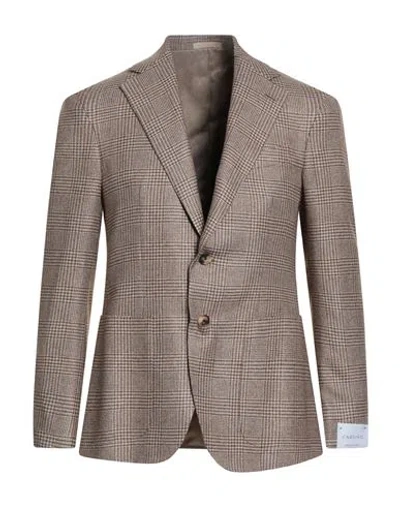 Caruso Man Blazer Mustard Size 40 Wool, Linen, Silk In Brown