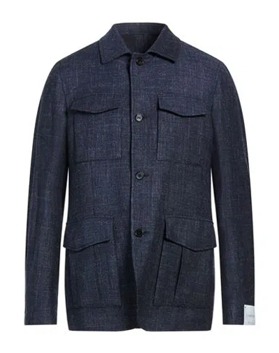 Caruso Man Shirt Navy Size 44 Wool, Silk, Linen, Elastane In Blue