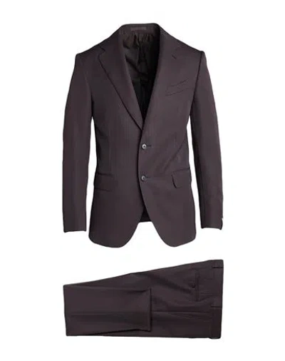 Caruso Man Suit Dark Brown Size 44 Polyester, Wool