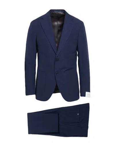 Caruso Man Suit Navy Size 48 Wool, Cotton In Blue