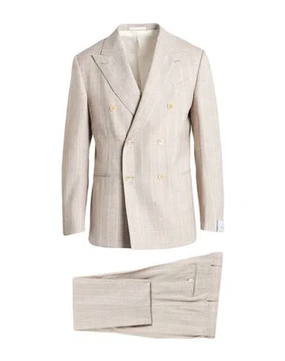 Caruso Man Suit Sand Size 44 Wool, Silk, Linen In Neutral