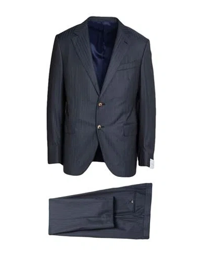 Caruso Man Suit Slate Blue Size 42 Wool, Silk