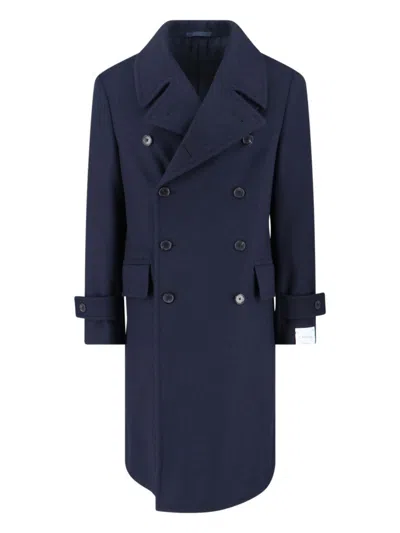 CARUSO NAVY BLUE DOUBLE-BREASTED WOOL COAT WITH CLASSIC LAPEL