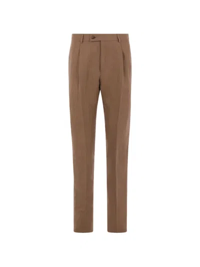 Caruso Pleated Linen Tailored Trousers In Brown