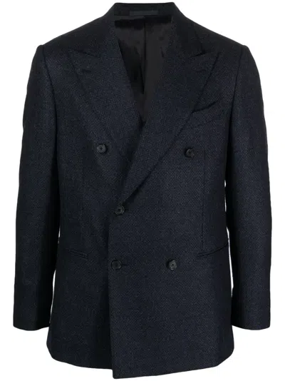 Caruso Wool And Nylon Double Breasted Blazer With Double Split In Blue
