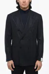 Caruso Wool And Nylon Double Breasted Blazer With Double Split In Blue