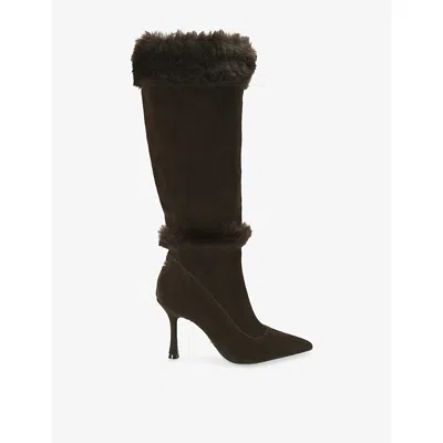 Carvela Womens  Leoni Faux-fur Trim Suede Heeled Knee-high Boots In Brown
