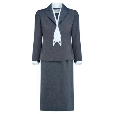 Pre-owned Carven 1960s  Haute Couture Navy Stripe Skirt Suit With Faux Shirt In Blue