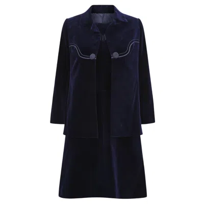 Pre-owned Carven 1960s  Haute Couture Navy Velvet Soutache Dress Suit In Blue