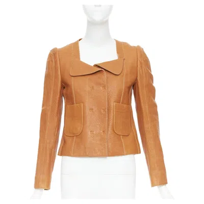Pre-owned Carven 2011 Tan Brown Pebble Textured Leather Square Neck Crop Jacket Fr38 M