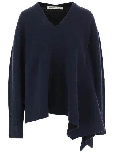 Carven Asymmetrical Draped Hem Cashmere Sweater In Blue