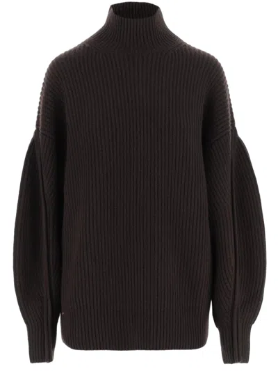Carven Brown Voluminous-sleeve Ribbed Cashmere Turtleneck
