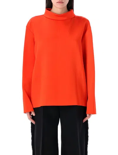 Carven Double Satin Blouse With High Collar In Orange