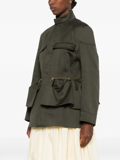 Carven Esperanto Ruffled-detailing Zip-fastening Coat In Green