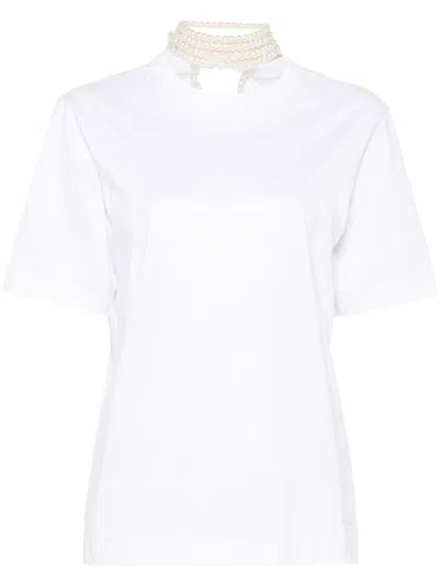 CARVEN FAUX PEARL-EMBELLISHED WHITE COTTON T-SHIRT