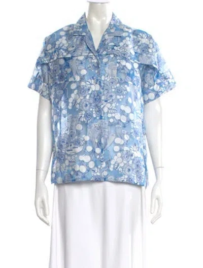 Pre-owned Carven Floral Print Short Sleeve Blouse In Blue
