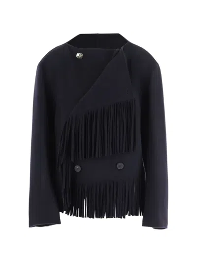 Carven Wool And Cashmere Jacket With Fringes And Double Breasted Closure In Blue