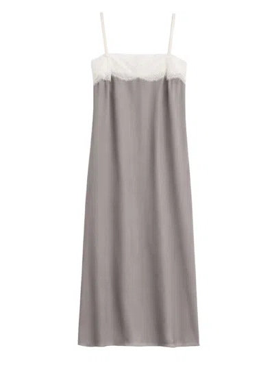 Carven Grey Lace Accent Silk Midi Dress In Gray
