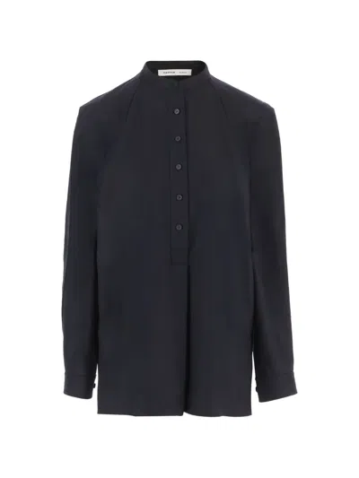 Carven Navy Blue Mandarin Collar Half-button Wool Sweater